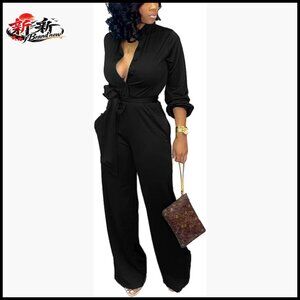 Polyester Spandex Formal Jumpsuit with Belt Pockets Long Sleeve